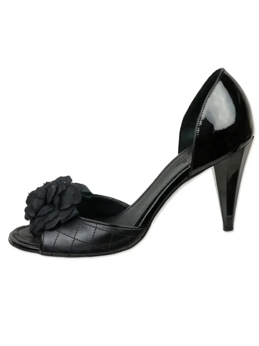 Chanel Black Quilted D'Orsay Peep Toe Flower Pumps EU 37.5 MSRP $1,195